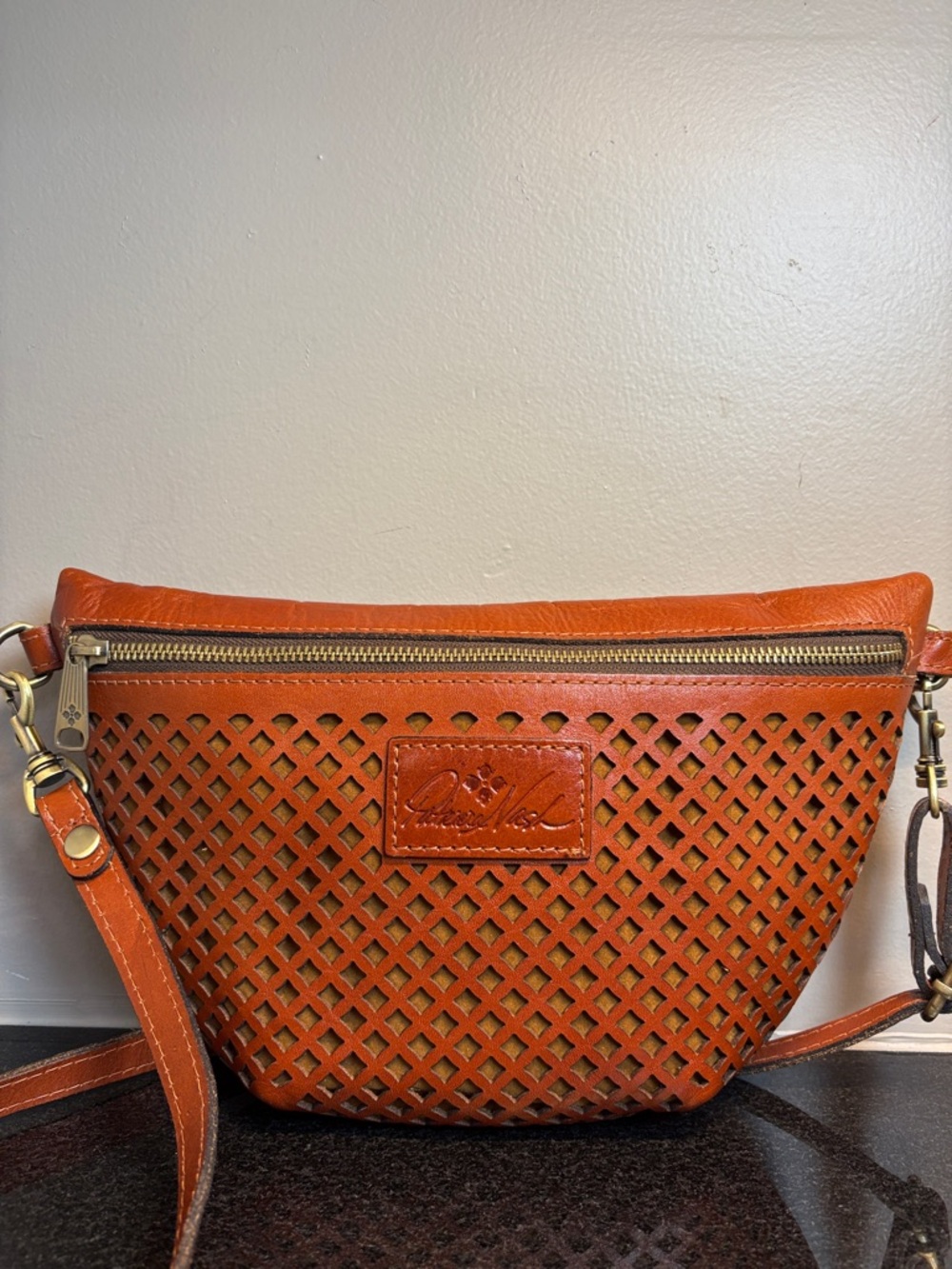 Patricia Nash Leather Perforated Leather Sling Belt Bag